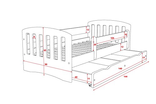 Children's Beds Home Single Bed Classic 1 - para niños Niños Niños pequeños con cajones y colchón de Espuma de 8 cm Incluido (Blanco, 140x80)