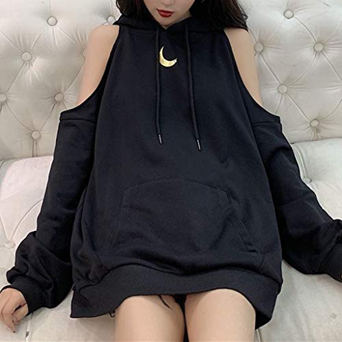 CHMORA - Camiseta de manga larga con estampado de luna, sin tirantes, con capucha para primavera/otoño Negro Negro ( XXL