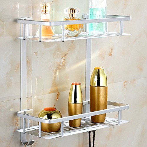 Chrasy Estantería de Baño - Doble Capa Espacio de Almacenamiento Aluminio Soporte de Estante, Rack de Pared con 2 Ganchos para Jabón Champú Limpiador Facial Loción Botella Cuarto de Baño Ducha