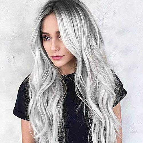 ChuYao Pelucas de degradado negro/plateado para mujeres aspecto y tacto como el pelo real natural negro a gris plateado importado fibra sintética resistente al calor que