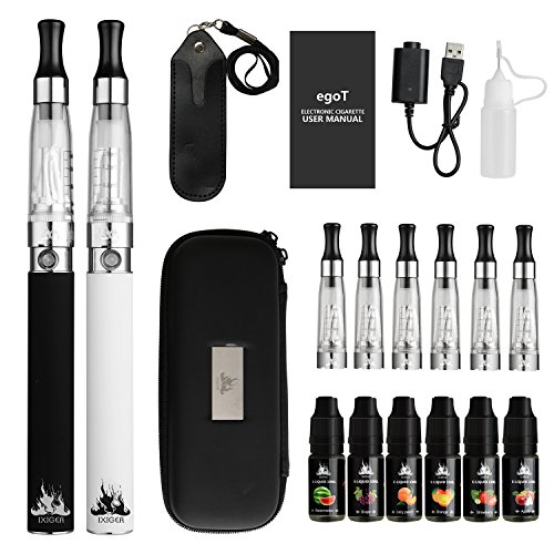 Cigarrillo Electronico, E-Cigarrillo E-líquido Ego T2 Kits IXIGER®：2 X 1100mah Batería Recargabla +8 X CE4 1.6ml Atomizador +6 X 10ml E-líquido(50%PG:50%VG) 0 mg Nicotina ( nergo+blanco)