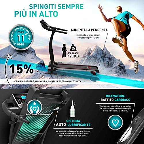 CINTA DE CORRER ELÉCTRICA PLEGABLE, 11 KM/H, 1HP (1800W / 2,5HP PEAK) SENSOR CARDÍACO, INCLINACIÓN AJUSTABLE, APLICACIÓN DE ENTRENAMIENTO Y MULTIJUGADOR KINOMAP, 12 PROGRAMAS, LUBRICACIÓN AUTOMÁTICA CINTA DE CORRER ELÉCTRICA PLEGABLE, 11 KM/H, 1HP (1800W / 2,5HP PEAK) SENSOR CARDÍACO, INCLINACIÓN AJUSTABLE, APLICACIÓN DE ENTRENAMIENTO Y MULTIJUGADOR KINOMAP, 12 PROGRAMAS, LUBRICACIÓN AUTOMÁTICA