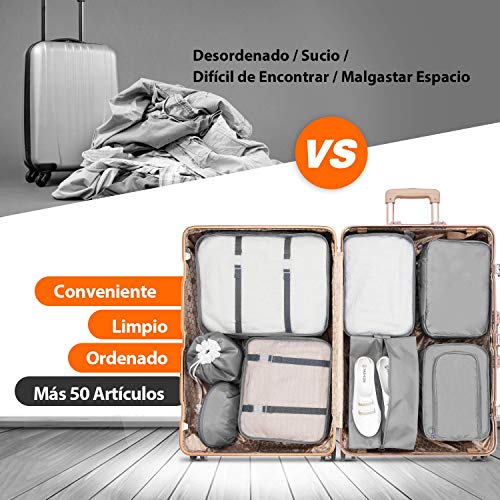 CISHANJIA Organizador de Maletas, Set de 8 Organizador de Equipaje para Maleta con Bolsa para Maquillaje, Bolsa para la Colada y Bolsa para Zapatos (Gris)