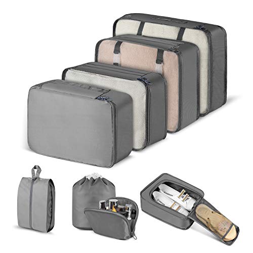 CISHANJIA Organizador de Maletas, Set de 8 Organizador de Equipaje para Maleta con Bolsa para Maquillaje, Bolsa para la Colada y Bolsa para Zapatos (Gris)