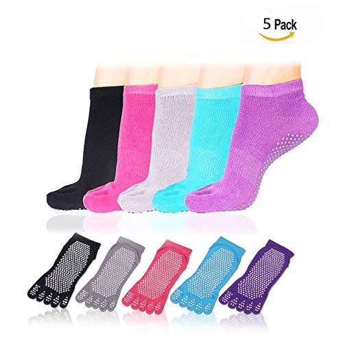 Cisixin Calcetines de Yoga Antideslizantes Pilates Yoga Fitness Danza Prevención de Caídas Antideslizante Calcetines algodón Mujeres(5 Pares)