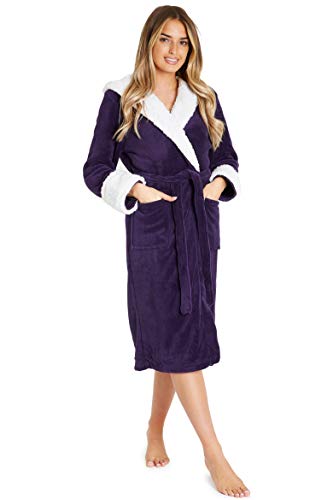 CityComfort Bata de Estar por Casa Mujer Invierno con Capucha, Ropa de Dormir Suave Material de Forro Polar, Batín Tejido Peluche Accesorios Mujer, Regalos para Mama (S, Morado Oscuro)