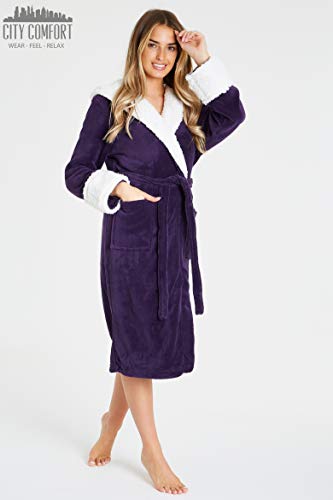 CityComfort Bata de Estar por Casa Mujer Invierno con Capucha, Ropa de Dormir Suave Material de Forro Polar, Batín Tejido Peluche Accesorios Mujer, Regalos para Mama (S, Morado Oscuro)