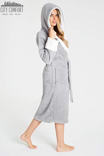 CityComfort Bata de Estar por Casa Mujer Invierno con Capucha, Ropa de Dormir Suave Material de Forro Polar, Batín Tejido Peluche Accesorios Mujer, Regalos para Mama (XL, Gris Claro)