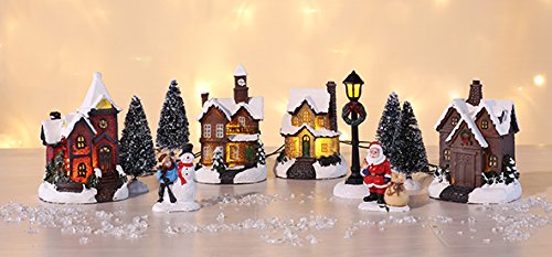 Ciudad navideña con decoración de nieve, pueblo navideño con casas iluminadas con luces led en 3D, escena de Navidad, decoración de Navidad