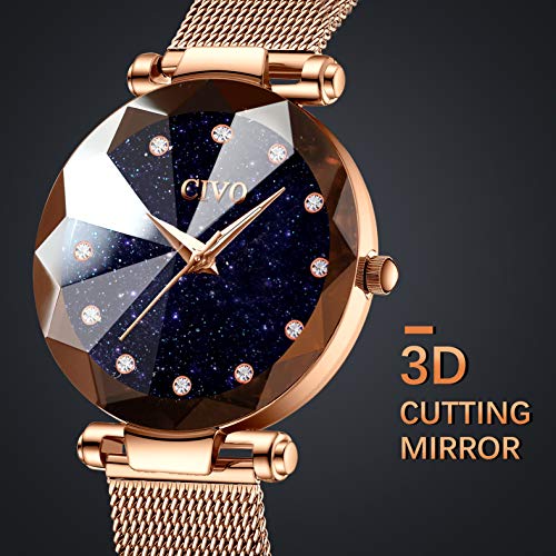 CIVO Relojes para Mujer Reloj Damas de Malla Impermeable Lujo Minimalista Oro Rosa Elegante Banda de Acero Inoxidable Relojes de Pulsera Moda Vestir Negocio Casual Reloj de Cuarzo (Azul)