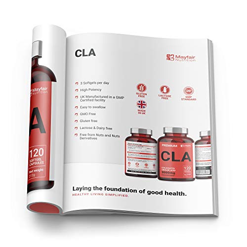 CLA 3000 | Ácido Linoléico Conjugado No Estimulante, No Transgénico y Sin Gluten | 120 Cápsulas | 3000mg por Dosis | Para Perder peso y Aumentar la Musculatura| Hecho en UK por Mayfair Nutrition CLA 3000 | Ácido Linoléico Conjugado No Estimulante, No Transgénico y Sin Gluten | 120 Cápsulas | 3000mg por Dosis | Para Perder peso y Aumentar la Musculatura| Hecho en UK por Mayfair Nutrition