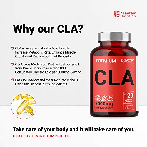 CLA 3000 | Ácido Linoléico Conjugado No Estimulante, No Transgénico y Sin Gluten | 120 Cápsulas | 3000mg por Dosis | Para Perder peso y Aumentar la Musculatura| Hecho en UK por Mayfair Nutrition CLA 3000 | Ácido Linoléico Conjugado No Estimulante, No Transgénico y Sin Gluten | 120 Cápsulas | 3000mg por Dosis | Para Perder peso y Aumentar la Musculatura| Hecho en UK por Mayfair Nutrition