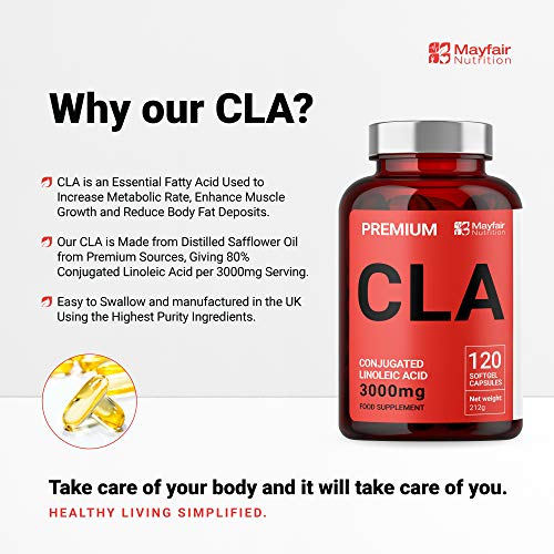 CLA 3000 | Ácido Linoléico Conjugado No Estimulante, No Transgénico y Sin Gluten | 120 Cápsulas | 3000mg por Dosis | Para Perder peso y Aumentar la Musculatura| Hecho en UK por Mayfair Nutrition