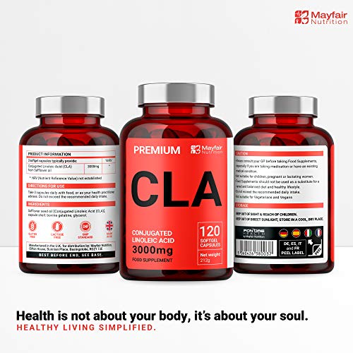 CLA 3000 | Ácido Linoléico Conjugado No Estimulante, No Transgénico y Sin Gluten | 120 Cápsulas | 3000mg por Dosis | Para Perder peso y Aumentar la Musculatura| Hecho en UK por Mayfair Nutrition CLA 3000 | Ácido Linoléico Conjugado No Estimulante, No Transgénico y Sin Gluten | 120 Cápsulas | 3000mg por Dosis | Para Perder peso y Aumentar la Musculatura| Hecho en UK por Mayfair Nutrition