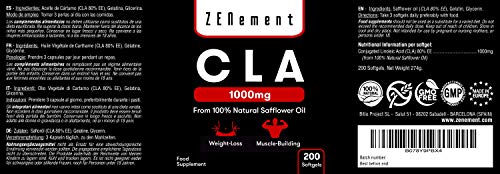 CLA - Ácido Linoleico Conjugado | 1000mg x 200 Perlas | Pérdida de peso, Crecimiento Muscular | Aceite Vegetal de Cártamo 100% Natural, sin gluten, sin transgénicos CLA - Ácido Linoleico Conjugado | 1000mg x 200 Perlas | Pérdida de peso, Crecimiento Muscular | Aceite Vegetal de Cártamo 100% Natural, sin gluten, sin transgénicos