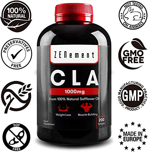 CLA - Ácido Linoleico Conjugado | 1000mg x 200 Perlas | Pérdida de peso, Crecimiento Muscular | Aceite Vegetal de Cártamo 100% Natural, sin gluten, sin transgénicos