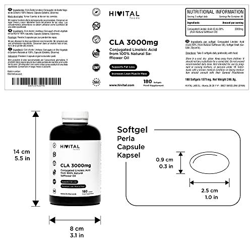 CLA Ácido Linoleico Conjugado 3000 mg por dosis | 180 perlas de Aceite Vegetal de Cártamo (Suministro para 2 meses) | Para Perder peso, Aumentar la musculatura, Quemar grasa y Adelgazar.