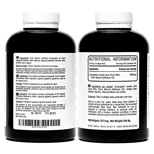 CLA Ácido Linoleico Conjugado 3000 mg por dosis | 180 perlas de Aceite Vegetal de Cártamo (Suministro para 2 meses) | Para Perder peso, Aumentar la musculatura, Quemar grasa y Adelgazar. CLA Ácido Linoleico Conjugado 3000 mg por dosis | 180 perlas de Aceite Vegetal de Cártamo (Suministro para 2 meses) | Para Perder peso, Aumentar la musculatura, Quemar grasa y Adelgazar.