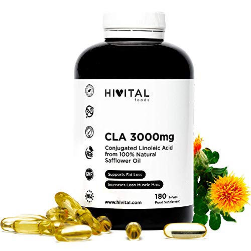 CLA Ácido Linoleico Conjugado 3000 mg por dosis | 180 perlas de Aceite Vegetal de Cártamo (Suministro para 2 meses) | Para Perder peso, Aumentar la musculatura, Quemar grasa y Adelgazar.