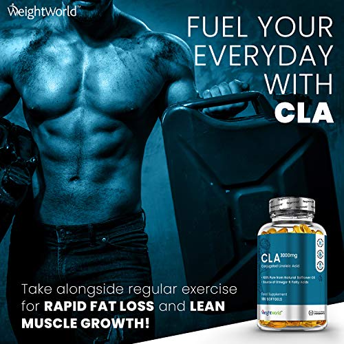 CLA Ácido Linoleico Conjugado 3000mg 180 Cápsulas - Suplemento Natural Para Perder Peso, Quemagrasas Potente Para Adelgazar, Aumenta Masa Muscular Acelera Metabolismo, Aceite Cártamo Rico Omega 6