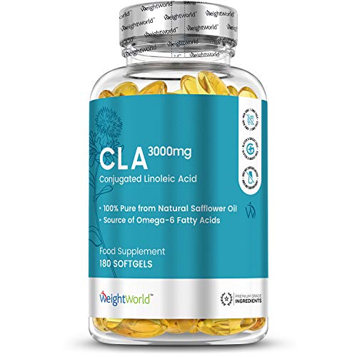 CLA Ácido Linoleico Conjugado 3000mg 180 Cápsulas - Suplemento Natural Para Perder Peso, Quemagrasas Potente Para Adelgazar, Aumenta Masa Muscular Acelera Metabolismo, Aceite Cártamo Rico Omega 6