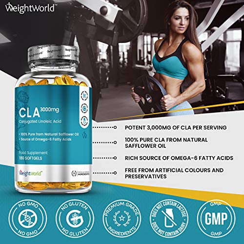 CLA Ácido Linoleico Conjugado 3000mg 180 Cápsulas - Suplemento Natural Para Perder Peso, Quemagrasas Potente Para Adelgazar, Aumenta Masa Muscular Acelera Metabolismo, Aceite Cártamo Rico Omega 6 CLA Ácido Linoleico Conjugado 3000mg 180 Cápsulas - Suplemento Natural Para Perder Peso, Quemagrasas Potente Para Adelgazar, Aumenta Masa Muscular Acelera Metabolismo, Aceite Cártamo Rico Omega 6