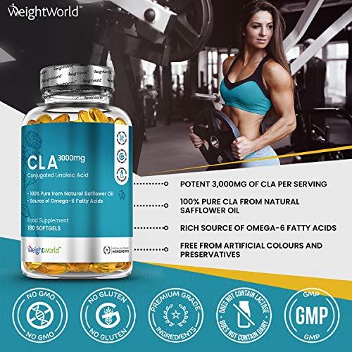 CLA Ácido Linoleico Conjugado 3000mg 180 Cápsulas - Suplemento Natural Para Perder Peso, Quemagrasas Potente Para Adelgazar, Aumenta Masa Muscular Acelera Metabolismo, Aceite Cártamo Rico Omega 6