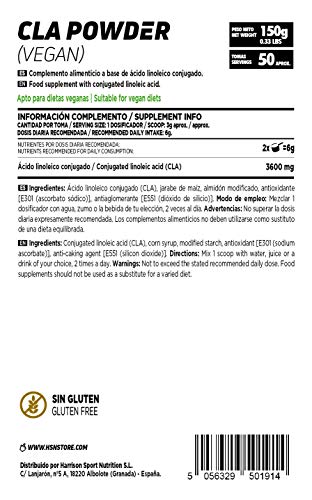 CLA en Polvo de HSN | Ácido Linoleico Conjugado 100% Puro | Para Perder Grasa (Efecto Quemagrasas) y Protege la Masa Muscular | Vegano, Sin Gluten, Sin Lactosa, 150gr