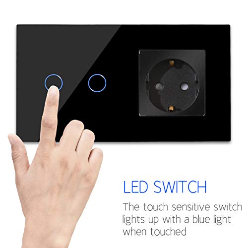 CNBINGO Enchufe Schuko con doble interruptor de luz, con panel táctil de cristal y LED de estado, interruptor de 2 vías, interruptor táctil negro y enchufe, conductor neutro no se necesita