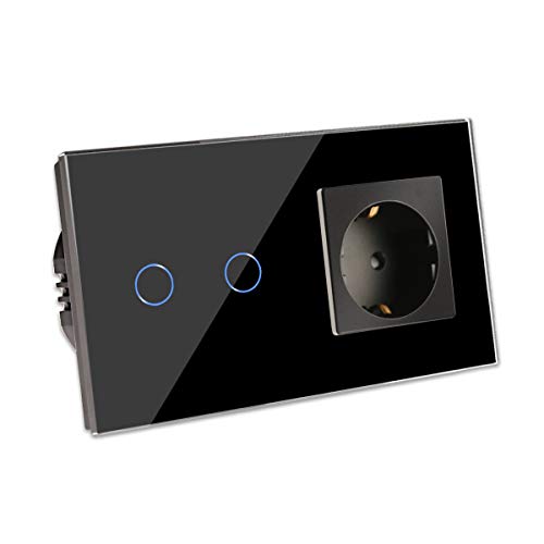 CNBINGO Enchufe Schuko con doble interruptor de luz, con panel táctil de cristal y LED de estado, interruptor de 2 vías, interruptor táctil negro y enchufe, conductor neutro no se necesita