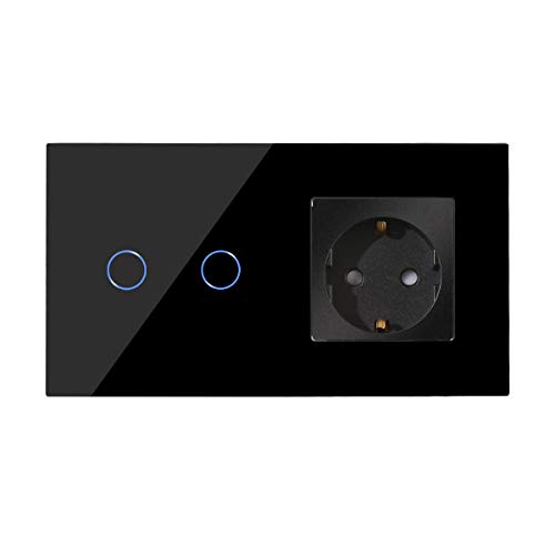 CNBINGO Enchufe Schuko con doble interruptor de luz, con panel táctil de cristal y LED de estado, interruptor de 2 vías, interruptor táctil negro y enchufe, conductor neutro no se necesita CNBINGO Enchufe Schuko con doble interruptor de luz, con panel táctil de cristal y LED de estado, interruptor de 2 vías, interruptor táctil negro y enchufe, conductor neutro no se necesita