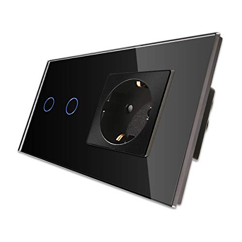 CNBINGO Enchufe Schuko con doble interruptor de luz, con panel táctil de cristal y LED de estado, interruptor de 2 vías, interruptor táctil negro y enchufe, conductor neutro no se necesita CNBINGO Enchufe Schuko con doble interruptor de luz, con panel táctil de cristal y LED de estado, interruptor de 2 vías, interruptor táctil negro y enchufe, conductor neutro no se necesita
