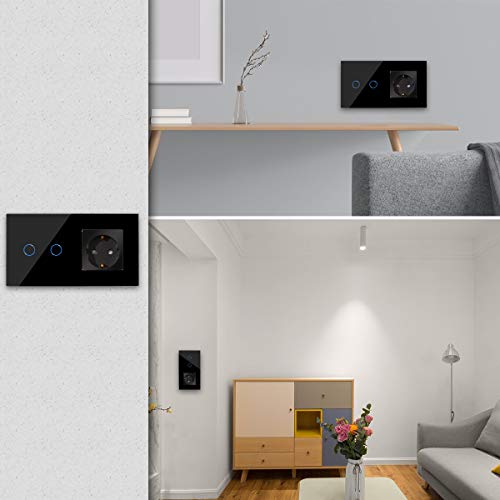 CNBINGO Enchufe Schuko con doble interruptor de luz, con panel táctil de cristal y LED de estado, interruptor de 2 vías, interruptor táctil negro y enchufe, conductor neutro no se necesita CNBINGO Enchufe Schuko con doble interruptor de luz, con panel táctil de cristal y LED de estado, interruptor de 2 vías, interruptor táctil negro y enchufe, conductor neutro no se necesita