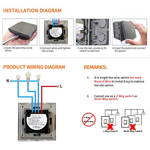 CNBINGO Interruptor de luz triple negro, interruptor táctil, con panel táctil de cristal y LED de estado, no se necesita conductor neutro, interruptor de 3 vías, AC 240 V, 800 W/compartimento