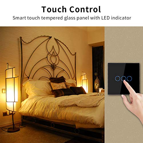CNBINGO Interruptor de luz triple negro, interruptor táctil, con panel táctil de cristal y LED de estado, no se necesita conductor neutro, interruptor de 3 vías, AC 240 V, 800 W/compartimento CNBINGO Interruptor de luz triple negro, interruptor táctil, con panel táctil de cristal y LED de estado, no se necesita conductor neutro, interruptor de 3 vías, AC 240 V, 800 W/compartimento