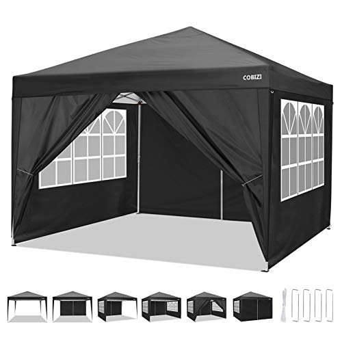 COBIZI Carpa de jardín 3x3m Cenador Plegable Gazebo Impermeable con 4 Paredes, Protección UV 50+, Ajustable en Altura, Pabellon de Jardin Plegable Event Shelter para Patio/Camping/Playa/Fiestas