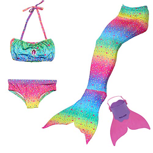 Cola de Sirena para Natación Traje de Baño 4pcs Mermaid Bikini con Monofín Establece para Niña Disfraz de Sirena Princesa Cosplay Conjuntos