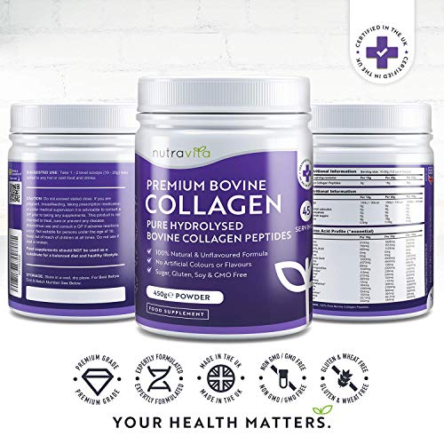 Colágeno bovino puro 100% Naturales hidrolizado en polvo sinedulcorantes - 450g de proteína de máxima calidad en polvo - Sin colorantes ni aromatizantes artificiales - Elaborado por Nutravita Colágeno bovino puro 100% Naturales hidrolizado en polvo sinedulcorantes - 450g de proteína de máxima calidad en polvo - Sin colorantes ni aromatizantes artificiales - Elaborado por Nutravita