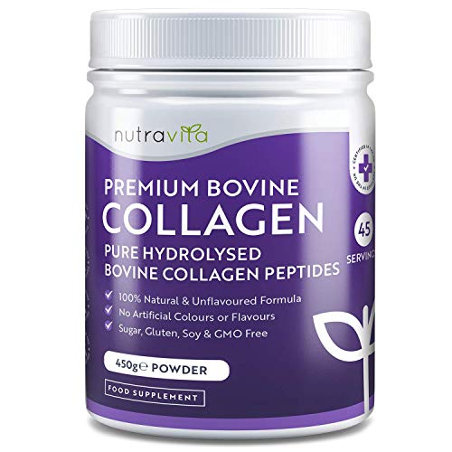 Colágeno bovino puro 100% Naturales hidrolizado en polvo sinedulcorantes - 450g de proteína de máxima calidad en polvo - Sin colorantes ni aromatizantes artificiales - Elaborado por Nutravita