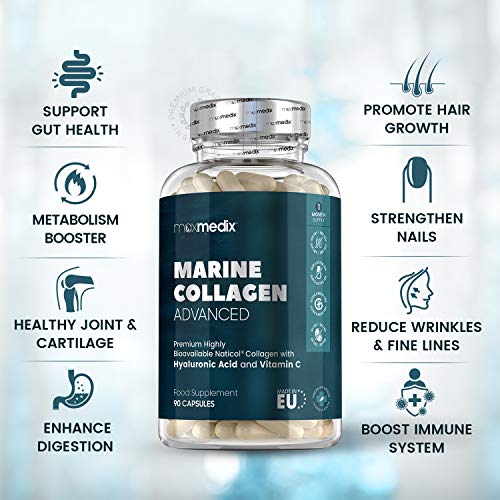 Colágeno Marino, Ácido Hialurónico, Coenzima Q10, Vitamina C y Zinc Dosis Alta 1200mg | Suplemento Para Cabello, Piel, Huesos, Músculos y Articulaciones, Suplemento Antiarrugas, 90 Cápsulas