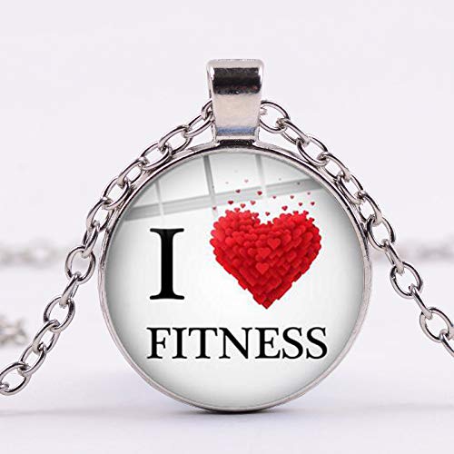Collar con colgante redondo de cristal con diseño de texto en inglés "I Love Gym Fitness"