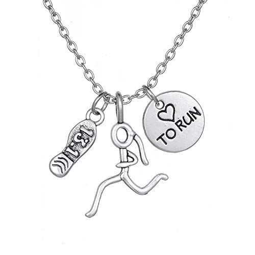 Collar con un colgante de una niña corriendo, uno con inscripción en inglés (Love to Run) y otro con forma de zapatilla y inscripción de los 13,1 millas del medio maratón Collar con un colgante de una niña corriendo, uno con inscripción en inglés (Love to Run) y otro con forma de zapatilla y inscripción de los 13,1 millas del medio maratón