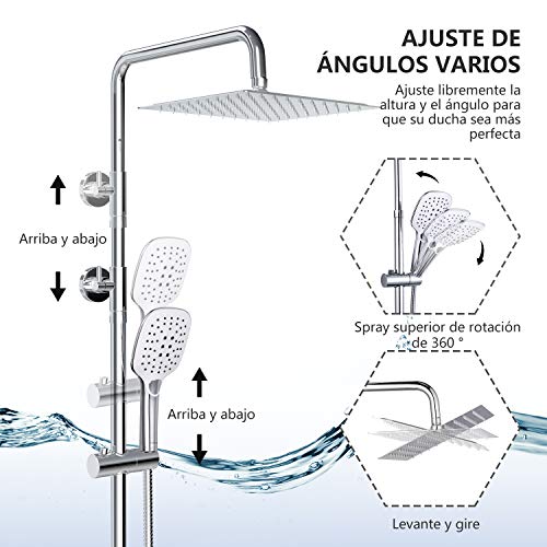 Columna Ducha Dalmo, Sistema de Ducha con Alcachofa, Conjunto Ducha Regulable Metal Completo con 3 Cabezales de Ducha, Grifo Ducha de Altura Adjustable, Conjunto Combinado de Ducha de ángulo Cariable