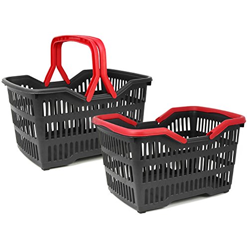 com-four® 2X Cesta de la Compra de plástico con asa - Cesta plastico para el supermercado en Negro/Rojo - 39,5 x 29 x 22,5 cm (002 Piezas - Negro/Rojo)