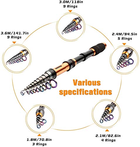 Combo per canne da Spinning e mulinello 2.1m, 2.4m, 3.0m, 3.6m Canna da Pesca telescopica in carbonio al 99% e 11BB Mulinello e Borsa da Pesca & esche e Linea, Set combinato Canna da Pesca (2.1M)