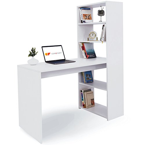 COMIFORT Escritorio con Estantería - Mesa de Estudio con Librería de Estructura Firme, Moderna y Minimalista con 4 Baldas Espaciosas y de Gran Capacidad, Color Blanco COMIFORT Escritorio con Estantería - Mesa de Estudio con Librería de Estructura Firme, Moderna y Minimalista con 4 Baldas Espaciosas y de Gran Capacidad, Color Blanco