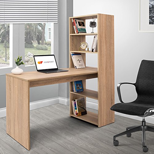 COMIFORT Escritorio con Estantería - Mesa de Estudio con Librería de Estructura Firme, Moderna y Minimalista con 4 Baldas Espaciosas y de Gran Capacidad, Color Sonoma COMIFORT Escritorio con Estantería - Mesa de Estudio con Librería de Estructura Firme, Moderna y Minimalista con 4 Baldas Espaciosas y de Gran Capacidad, Color Sonoma