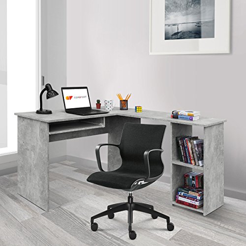 COMIFORT Escritorio Forma L - Mesa de Estudio con Estantería de Estructura Firme, Moderna y Minimalista con 2 Baldas Espaciosas y de Gran Capacidad, Color Stone