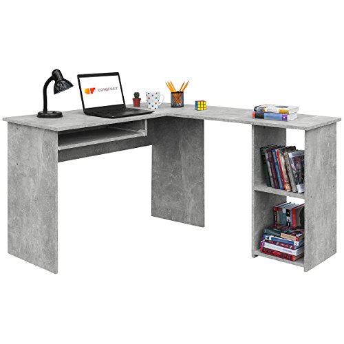 COMIFORT Escritorio Forma L - Mesa de Estudio con Estantería de Estructura Firme, Moderna y Minimalista con 2 Baldas Espaciosas y de Gran Capacidad, Color Stone