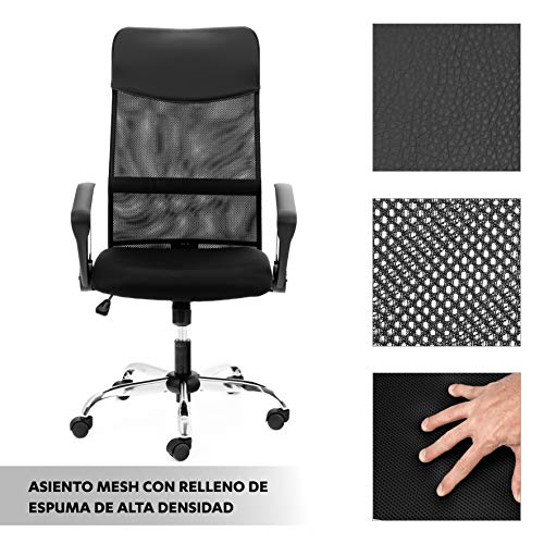 COMIFORT Silla de Escritorio de Malla con reposacabezas de Polipiel, Sillas de Oficina Ergonomica de Malla Alta para Despacho y Ordenador, Sillas Juvenil con Ruedas, Altura Regulable (Negra)